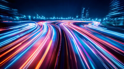 Abstract Light Trails of Night City Traffic on Highway Overpass