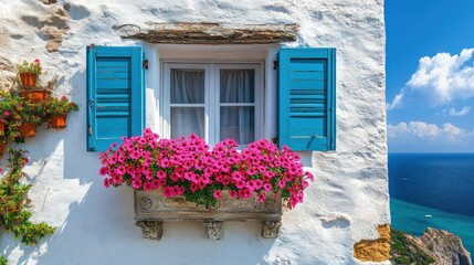 Mediterranean window with vibrant flowers