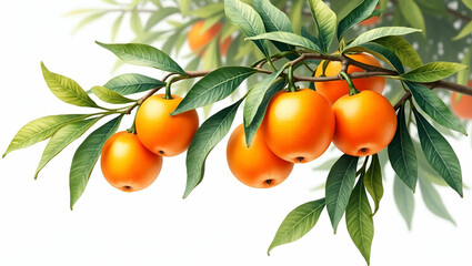 Vibrant Watercolor Painting of a Healthy Orange Tree in Full Bloom with Juicy Oranges and Green Leaves