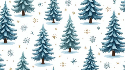 Fototapeta premium Winter trees seamless pattern with tall pine trees frosted branches and snowflakes for a classic winter look concept as Classic winter trees pattern with tall pine trees frosted branches and snowflake