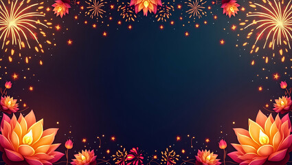 Obraz premium Colorful Fireworks and Lotus Flowers Border Frame for Elegant Diwali Messages with Copy Space