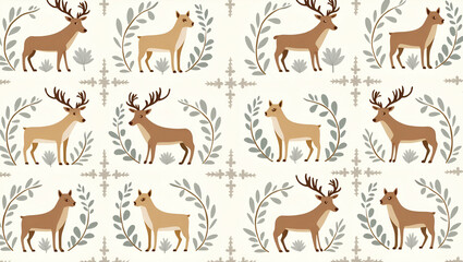 Fototapeta premium Minimalist Scandinavian Wildlife Tile Design: Seamless Patterns Featuring Reindeer, Wolves, and Owls in Earthy Tones and Geometric Shapes for a Modern Aesthetic