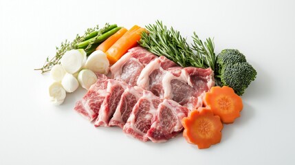 Fresh pork chops arranged with assorted vegetables and herbs, including broccoli, carrots, and rosemary, on a white background. a perfect depiction of a healthy meal's ingredients.