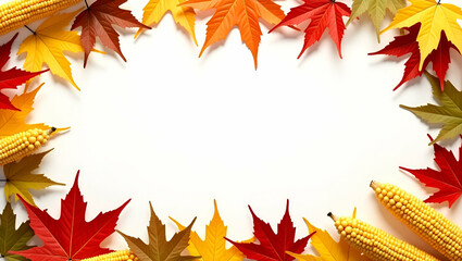 Fototapeta premium Cornstalks and maple leaves border frame with harvest copy space for Canadian Thanksgiving concept as Tall cornstalks and vibrant maple leaves framing harvest space for Canadian Thanksgiving messages 