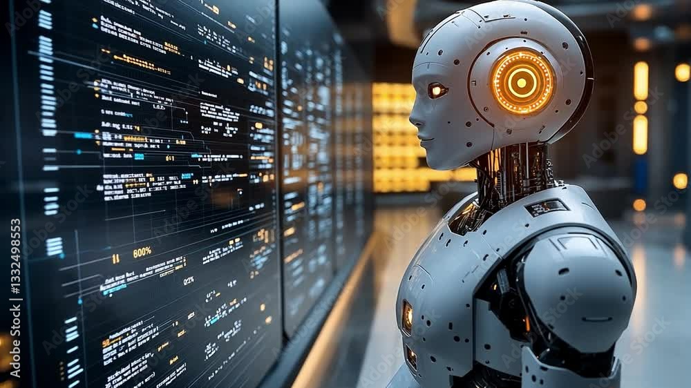 Poster a futuristic humanoid robot interacts with digital interfaces in a high-tech environment