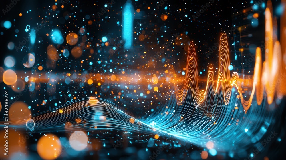 Poster mesmerizing digital visualization of dynamic sound wave patterns pulsating with luminous energy and 