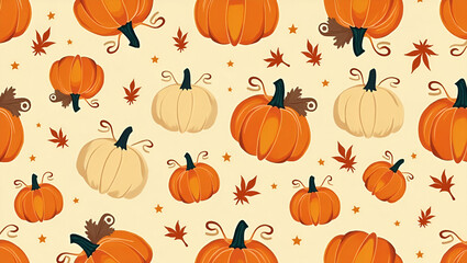 Warm Pumpkin Patch Seamless Tile Pattern: Assorted Pumpkins, Gourds & Fall Accents in Cute Vector Design