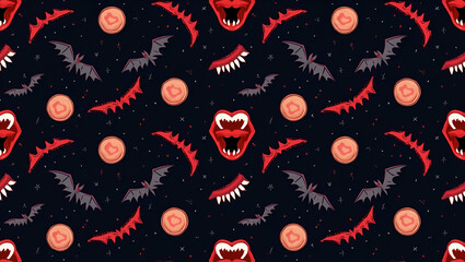 Flat Vampire fangs and bats seamless tile pattern with gothic elements and dark hues for spooky Halloween decor concept as Gothic vampire fangs and bats arranged seamlessly with dark hues for spooky H