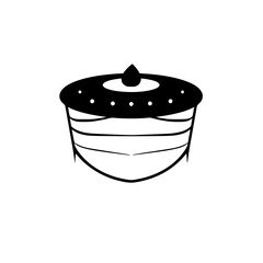 Minimalist Black and White Illustration of a Tiered Cake with a Droplet Topping on a White Background.