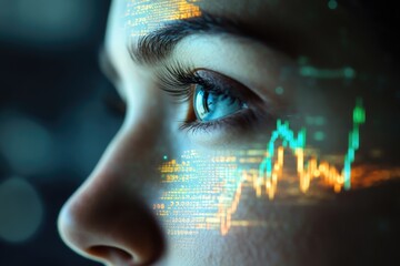 A close-up of an eye with overlaid data streams and stock market graphs, symbolizing technology and finance.