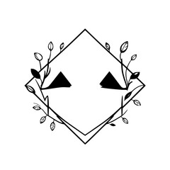 Black and White Minimalist Emblem of Geometric Diamond Frame with Abstract Triangular Shapes and Delicate Floral Wreath.