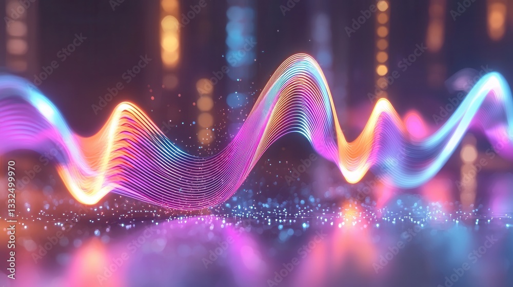 Poster a captivating abstract image showcasing a dynamic visualization of sound waves with vibrant neon lik