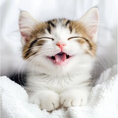 Cute kitten smiling joyfully while resting on a soft blanket during a cozy afternoon in a warm indoor setting