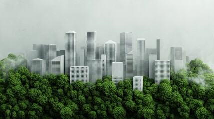 Fototapeta premium A modern city skyline surrounded by lush greenery, illustrating the harmony between urban living and nature.