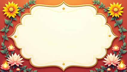 Obraz premium Elegant Lakshmi Symbols and Graceful Lotus Flowers Border Frame with Sacred Copy Space for Diwali Greetings - Perfect Photo Stock Concept for Festive Celebrations