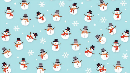 Fototapeta premium Playful Snowmen and Snowflakes: A Seamless Tile Pattern in Cool Winter Tones - Cute Flat Vector Illustration for Smart Business Designs and Winter-Themed Projects