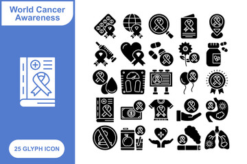 World Cancer Awareness Day glyph icon set, Collection of 25 Glyph Baby - 25 Stylish Icons for World Cancer Awareness Day