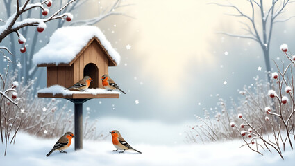 Naklejka premium Serene Winter Watercolor: Cozy Bird Feeder Surrounded by Snow and Birds in a Frosty Garden