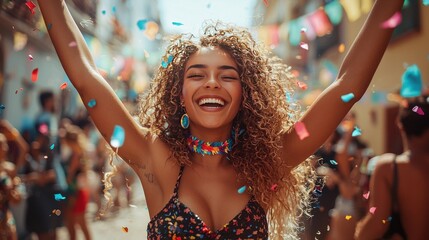 Fototapeta premium Joyful woman celebrates in confetti-filled street parade (2)