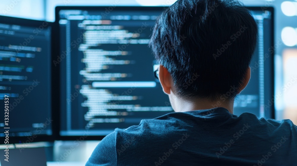 Poster focused programmer working on software development in modern office