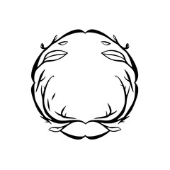 A minimalist, symmetrical floral design with a black, stylized botanical frame encircling a blank white space, perfect for text or logos.