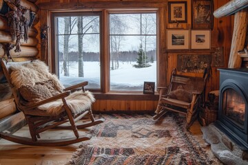 A cozy Vermont ski lodge den with a fur rug, a wooden rocking chair, and a slope view window