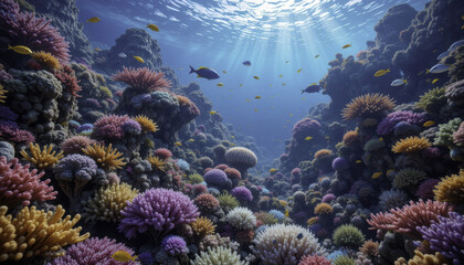 vibrant underwater scene showcases colorful coral reef teeming with diverse marine life, illuminated by sunlight filtering through water