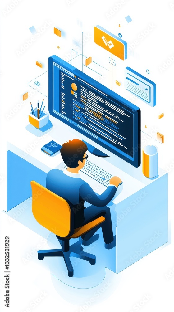 Poster developer working on code at modern computer desk with graphics