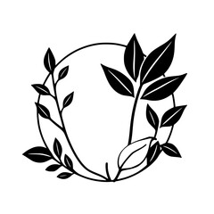 Minimalist Circular Illustration of Black Foliage Forming a Laurel Wreath on White Background, Nature-Inspired Design.