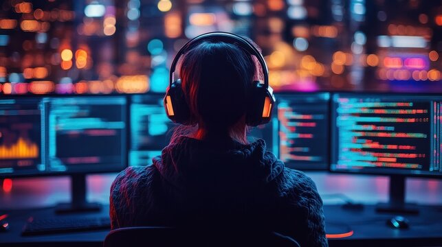 Night Coder: A Silhouette of a Programmer Immersed in Lines of Code Against a Vibrant Cityscape - Powered by Adobe