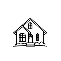 A minimalist black and white vector illustration of a classic house with geometric lines, windows, and a simple, clean design.