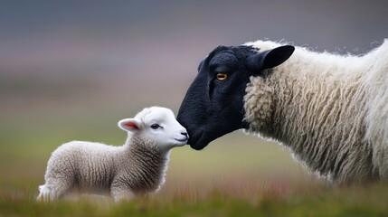 Fototapeta premium Sheep mother and lamb, close, outdoors, misty pasture
