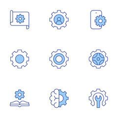 Gear icons set. Line Duotone style, editable stroke. manual book, blueprint, settings, gear, brain, smartphone