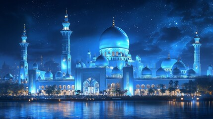 Fototapeta premium Glistening blue mosque reflected on water under a starry night. Divine beauty