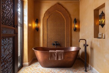 A richly decorated moroccan bathroom with warm, earthy tones, featuring a copper freestanding bathtub, intricate wall carvings, traditional arched alcove, and decorative lanterns