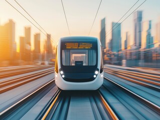 Obraz premium Futuristic Self-Driving Train in Smart City at Sunset