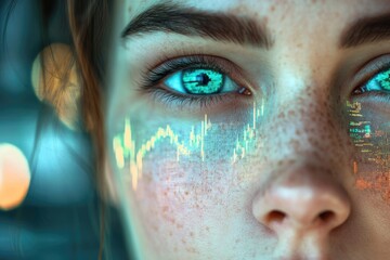 A close-up of a woman's eye, overlaid with a digital data stream and stock market charts, symbolizing technology's impact on human perception.