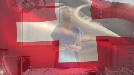 In hospital, healthcare professional wearing surgical attire with Swiss flag overlay - Powered by Adobe