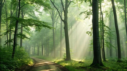 Obraz premium Enchanting Forest Path: Sunlight Filtering Through Lush Green Trees in Mystical Woods Landscape on a Foggy Morning.