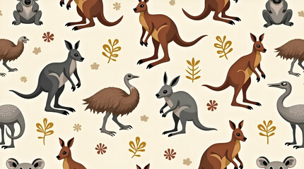 Obraz premium Design a Seamless Tile Pattern Featuring Australian Fauna: Kangaroos, Koalas & Emus in Earthy Tones