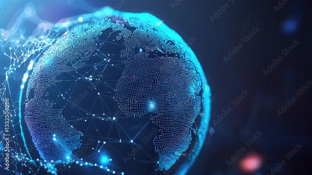 Poster futuristic and visually striking digital representation of the world with a glowing wireframe sphere