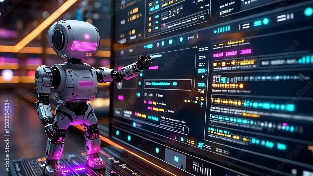 Poster a small robot interacts with a digital interface displaying complex data in a high-tech environment