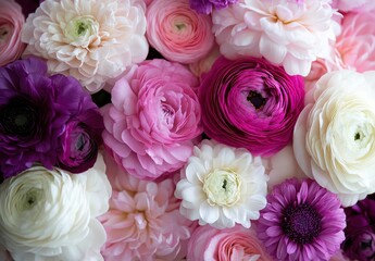 Obraz premium A Vibrant Composition of Colorful Ranunculus Flowers in Soft Pastel Shades Perfect for Spring Decorations and Floral Arrangements