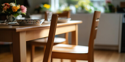 Fototapeta premium Light Wood Dining Table with Tableware and Chairs