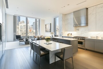 Modern NYC apartment kitchen, living room view, city background, real estate