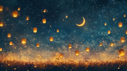 Fototapeta premium Celebrating a peaceful ramadan evening urban setting photography tranquil atmosphere close-up view golden lanterns glow
