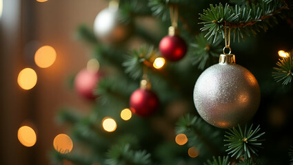 Fototapeta premium Elegant Silver Bauble on Christmas Tree: Festive Charm & Sophistication