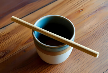 Ceramic Cup with a Bamboo Straw Resting on a Wooden Table, Surrounded by Natural Grain Patterns and Set Against a Cozy Sunlit Background &ndash; A Minimalist Depiction of Sustainability and Organic Living
