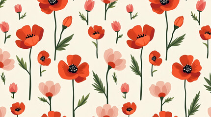 Fototapeta premium Bold Retro Spring Flower Seamless Pattern: Eye-Catching Poppies and Tulips for Unique Home Accents - Cute Vector Illustration for Stylish Decor