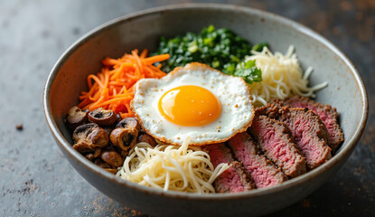 Korean Bibimbap with Grilled Beef and Fried Egg